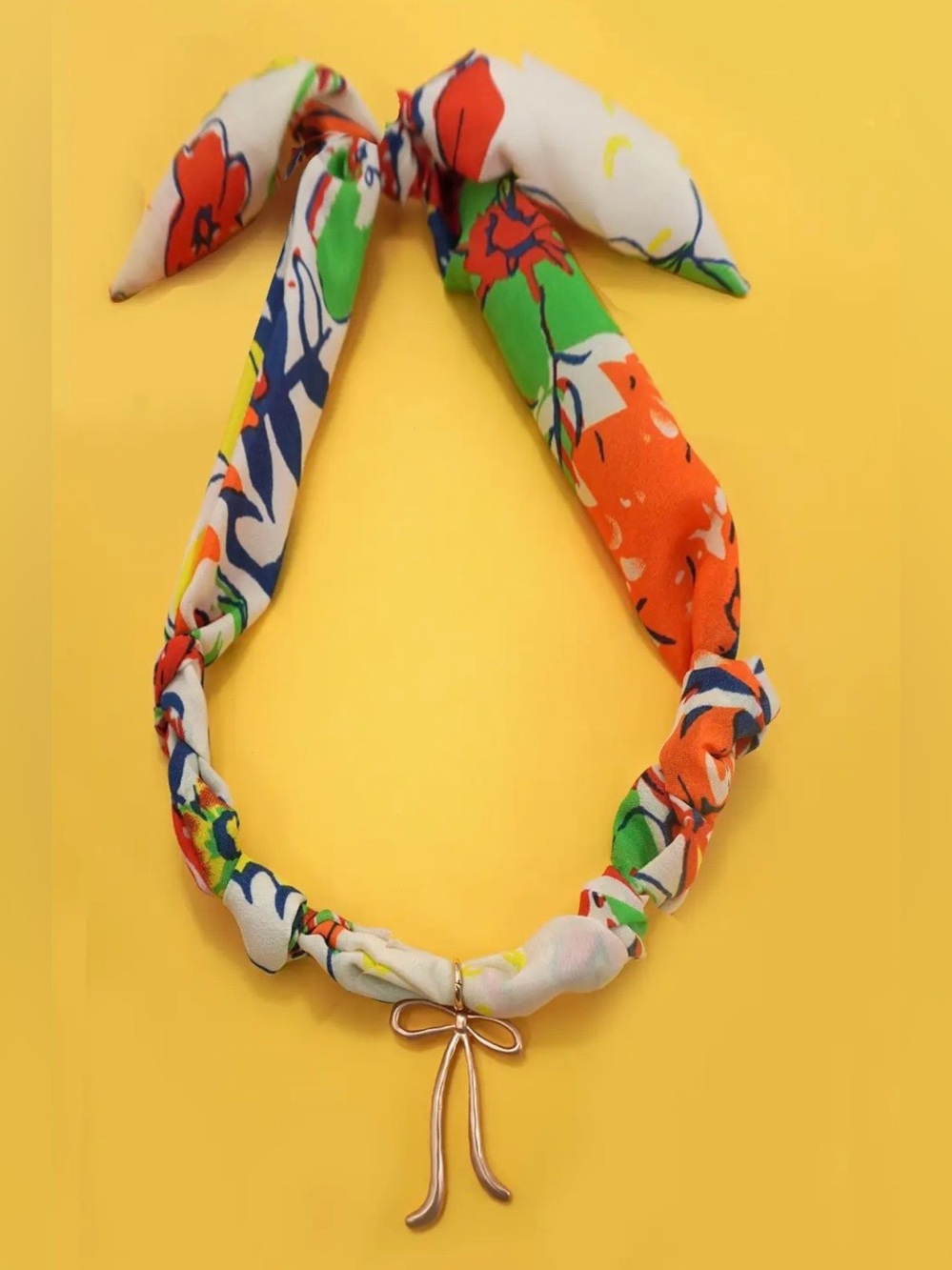 Colorful Knot Scarf Necklace with Gold Bow Pendant